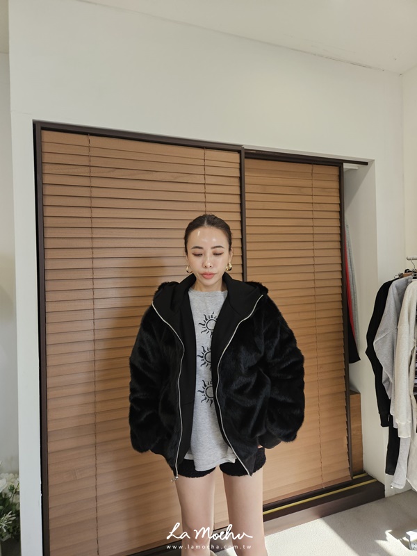 雙面穿翻領拉鍊毛毛外套
